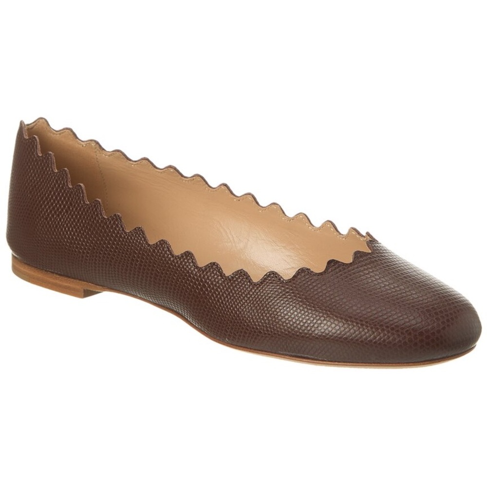 Chole Lauren Scalloped Leather Ballet Flats - Brunet Brown